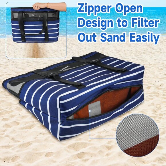 Women's Blue+Stripe with Front Buckles Beach Tote Waterproof Sandproof Beach Bag - Picture 3 of 8